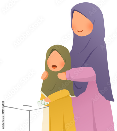 The mother teaches her child to give alms and donations illustration