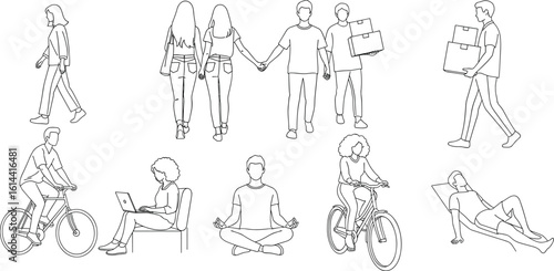 CAD Drawing. Vector illustration of men, women, standing walking talking in front back and side view.