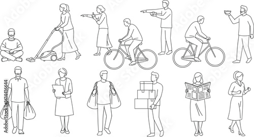 CAD Drawing. Vector illustration of men, women, standing walking talking in front back and side view. Symbol for architecture and landscape design drawing
