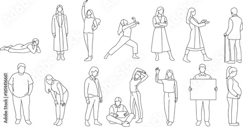 CAD Drawings. Set people outlines isolated on grey background. Sitting, walking, running. Top view. Vector illustration.