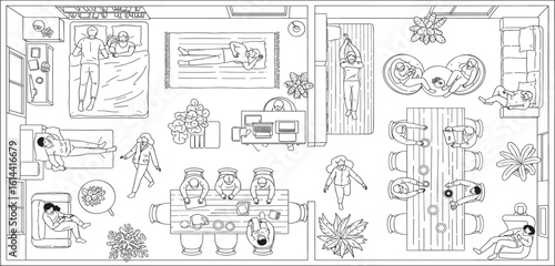 CAD Drawings. Set people outlines isolated on grey background. Sitting, walking, running. Top view. Vector illustration.