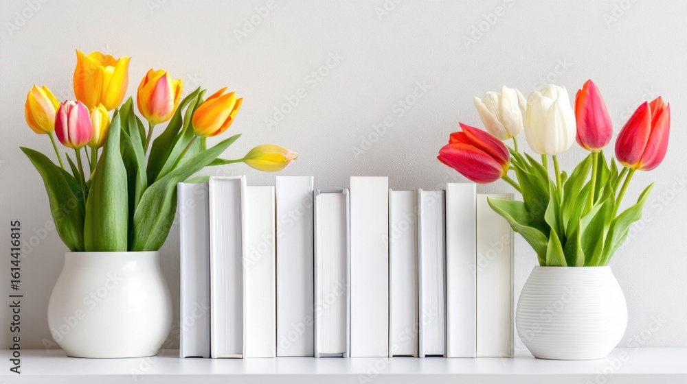 Obraz premium Simple white backdrop with a poetic arrangement of tulips growing through white books