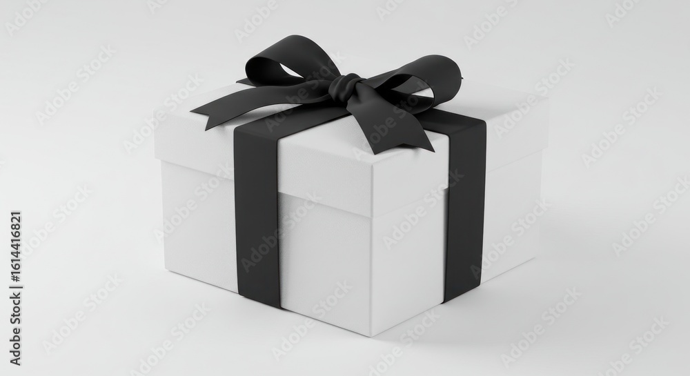 Obraz premium Square white gift box with a black ribbon and bow, sitting on a light gray background