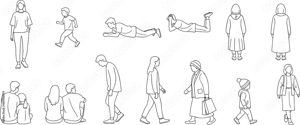 Fototapeta premium CAD Drawings. Set people outlines isolated on white background. Sitting, walking, dancing, etc. Vector illustration.