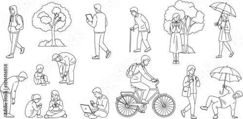 CAD Drawings. Set people outlines isolated on white background. Sitting, walking, etc