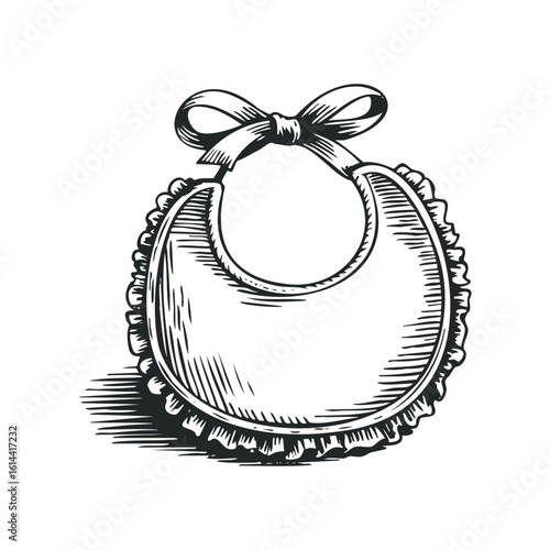Hand drawn vector illustration of a baby bib with ruffles and bow