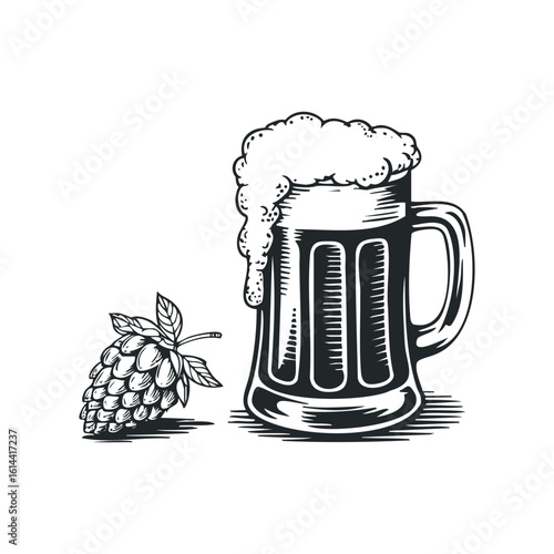 Hand drawn vector illustration of a frothy beer mug and hops