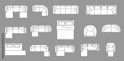 Furniture outline top view. Floor plan icons set for design interior and architectural project. Furniture thin line icon in top view for layout.