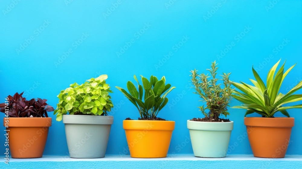 Small potted plants placed symmetrically against a sky-blue wall Small potted plants placed symmetrically against a sky-blue wall