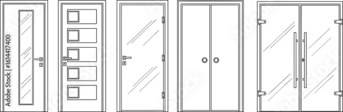 Door type icons Collection in linear style Home entrance doors, classic interior doors, elevators and wooden or glass safes Simple design vector
