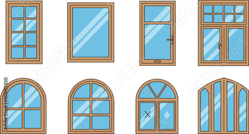 Door type icons Collection in linear style Home entrance doors, classic interior doors, elevators and wooden or glass safes Simple design vector