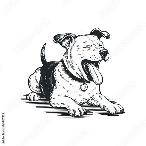 Hand drawn illustration of a dog yawning on a sunny day