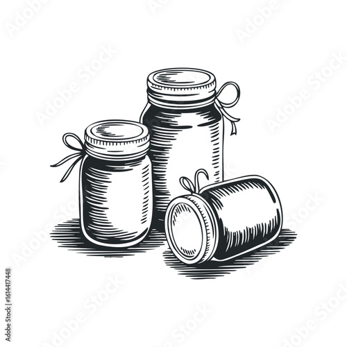 Hand drawn vector illustration of jars with lids and ribbons