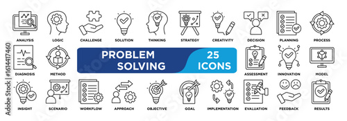 PROBLEM SOLVING icon collection set. Containing analysis,logic,solution,challenge,thinking,strategy,creativity,decision,planning,diagnosis icon. Simple line vector.