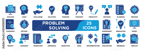 PROBLEM SOLVING icon collection set. Containing analysis,logic,solution,challenge,thinking,strategy,creativity,decision,planning,diagnosis icon. dual tone vector.