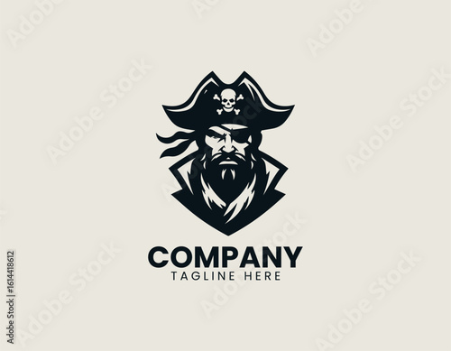 Geometric pirate skull head with eye patch vector logo illustration in modern flat abstract style for bold identity design