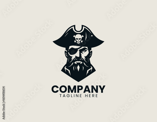 Geometric pirate skull head with eye patch vector logo illustration in modern flat abstract style for bold identity design