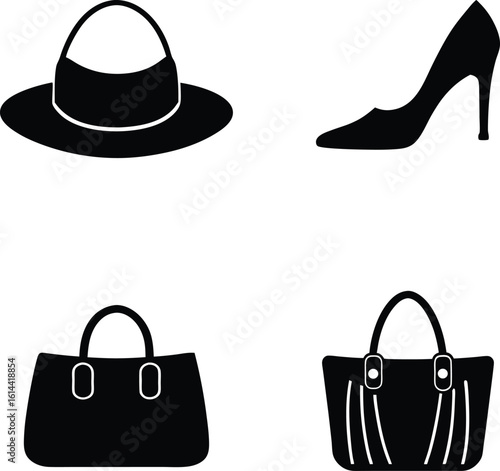 Collection of women's fashion accessory icons with high heel, hat, and handbag silhouettes.