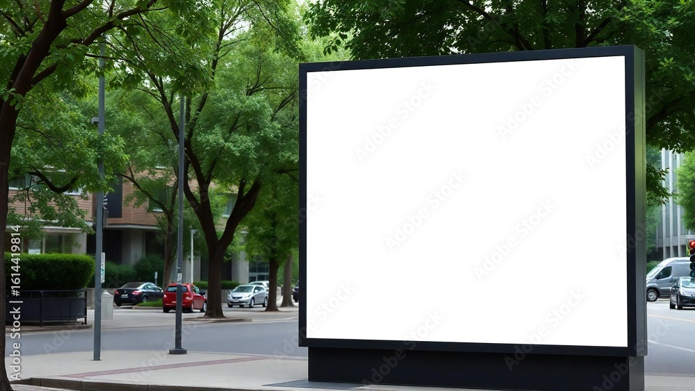Fototapeta premium Blank billboard on a tree lined city street with traffic