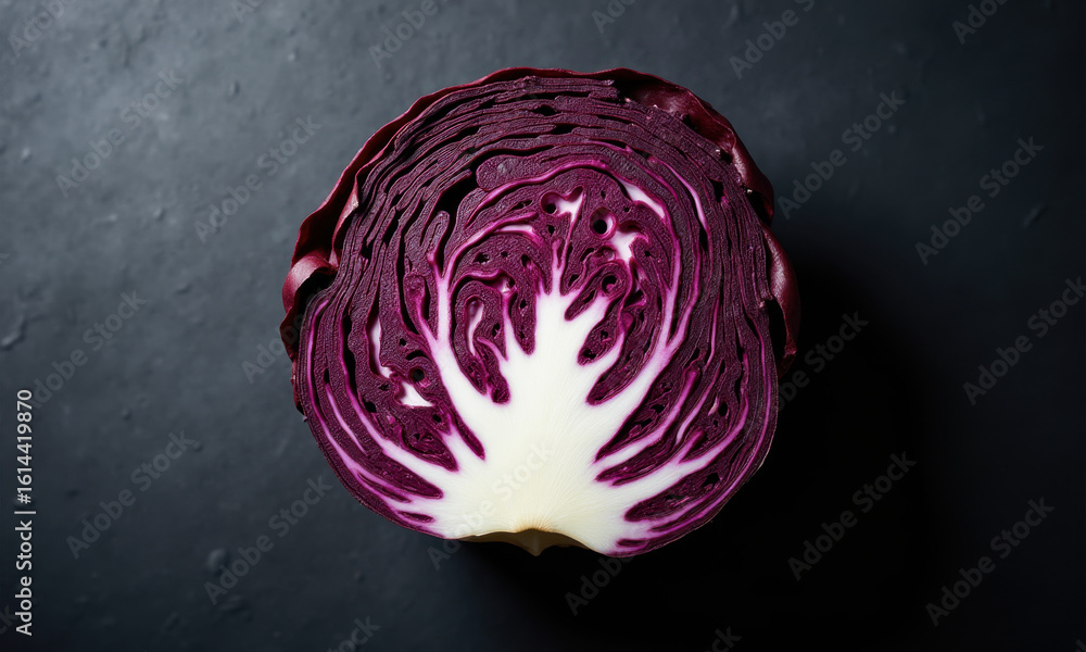 Fototapeta premium Vibrant Red Cabbage Half on Dark Textured Surface