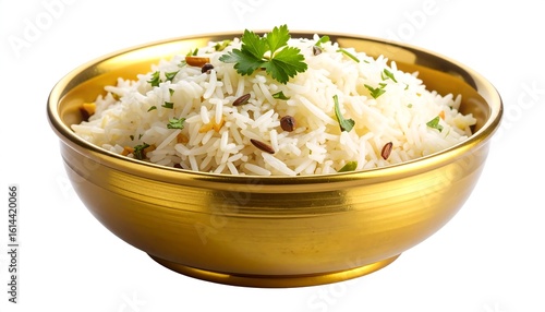 Delicious aromatic rice in a golden bowl against a clean white backdrop display