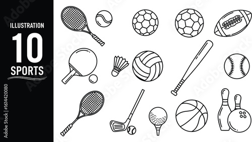 Illustration of various sports equipment and balls in black and white