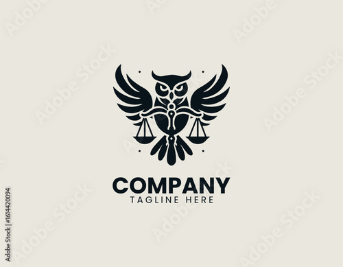 Majestic golden owl with outstretched wings holding scales of justice on a dark background. Legal concept