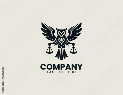 Majestic golden owl with outstretched wings holding scales of justice on a dark background. Legal concept