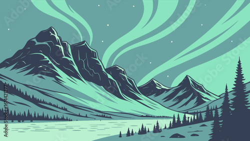 Aurora borealis mountain landscape vector illustration northern lights scenic nature background design art