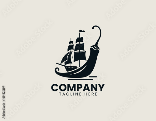 Whimsical red chili pepper shaped like a sailing ship with green sails. Culinary adventure concept