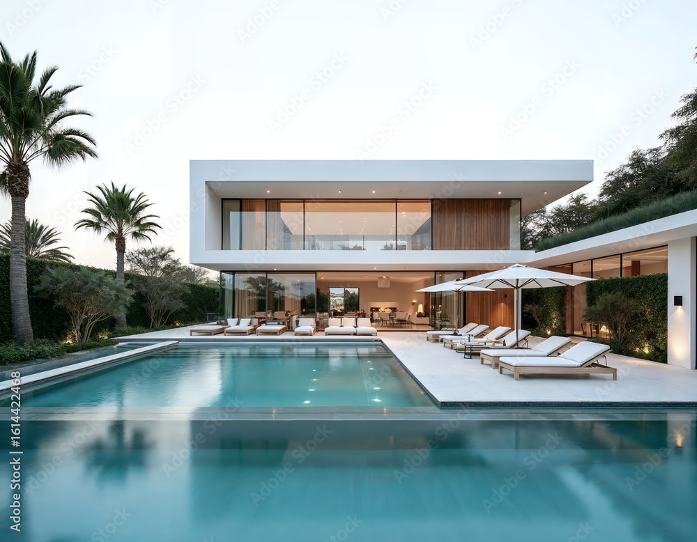 Fototapeta premium Modern white villa with swimming pool and lounge chairs image