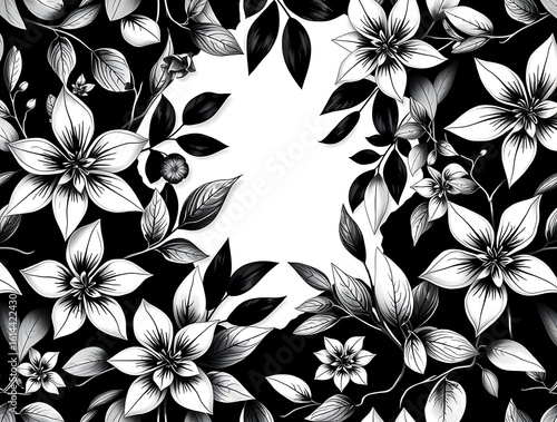 Elegant black and white floral frame with detailed blossoms and foliage design