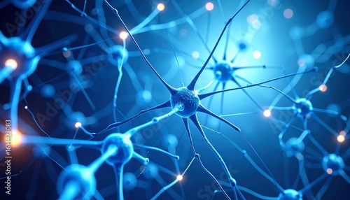 Futuristic 3D illustration of a neural network with glowing synapses, representing brain activity and AI.