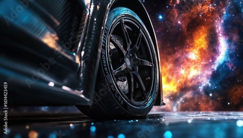Cosmic Cruise: A Futuristic Car Wheel Against a Vibrant Nebula