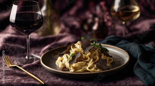 Wallpaper Mural Exquisite plate of creamy pasta with black truffle garnish, accompanied by red wine and elegant table setting for fine dining experience Torontodigital.ca