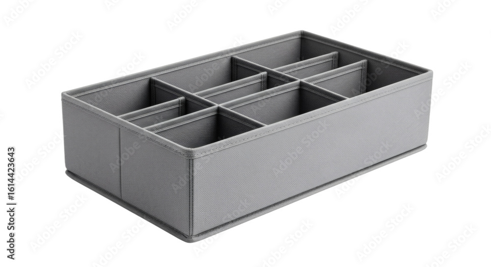 Naklejka premium Gray fabric drawer organizer with nine compartments isolated on transparent background