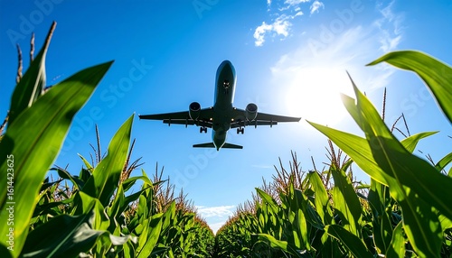 Airplane landing over a cornfield