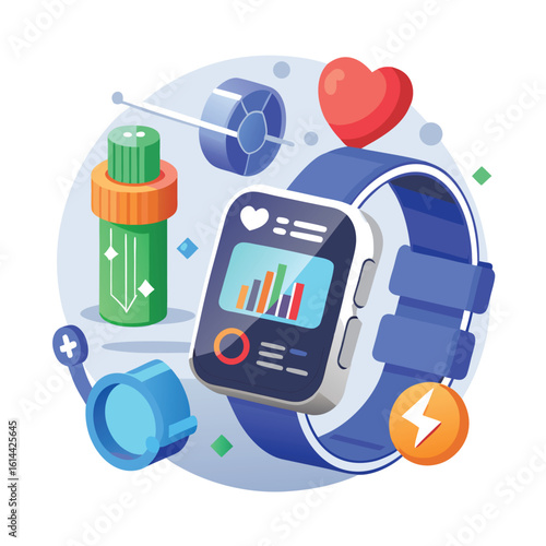 3d smartwatch displaying heart rate and dumbbells