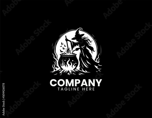 Spooky green witch with a pointy hat stirring a bubbling cauldron over a glowing fire. Halloween concept