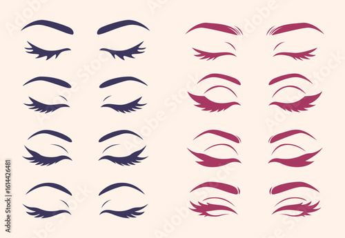Closed eyes and eyebrows vector set with different eyelash styles and makeup designs for beauty and fashion illustration