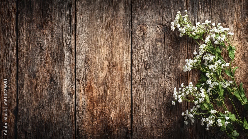 Fototapeta premium White flowers on a rustic wooden surface.