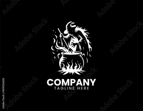 Spooky green witch with a pointy hat stirring a bubbling cauldron over a glowing fire. Halloween concept