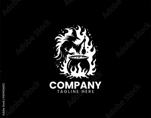 Spooky green witch with a pointy hat stirring a bubbling cauldron over a glowing fire. Halloween concept