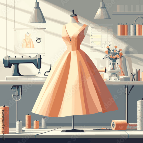 Fashion designer tailoring elegant dress in studio
