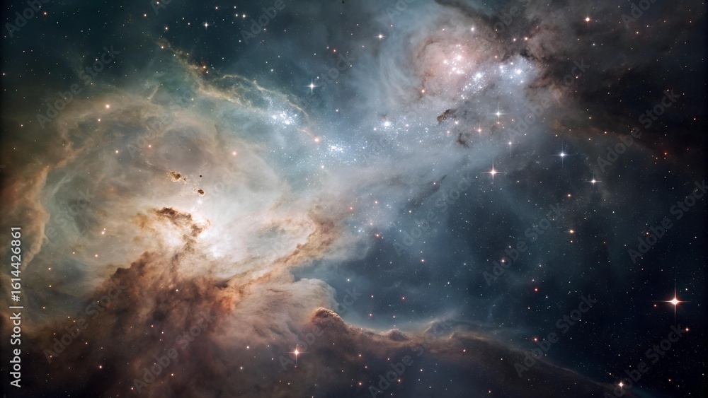 Fototapeta premium The image showcases a stunning view of a nebula, with wisps of gas and dust swirling around bright stars, creating a scene of cosmic beauty and celestial