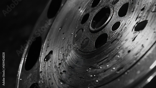 Close-up of a Wet Metallic Disc with Circular Holes