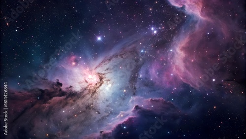 A captivating image showcases a vibrant nebula surrounded by a multitude of twinkling stars, bathed in swirling hues of blue, purple, pink, and