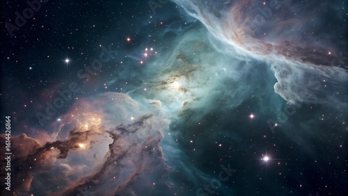 The image presents a stunning view of a vibrant nebula and distant stars, showcasing an array of colors in a cosmic display of celestial
