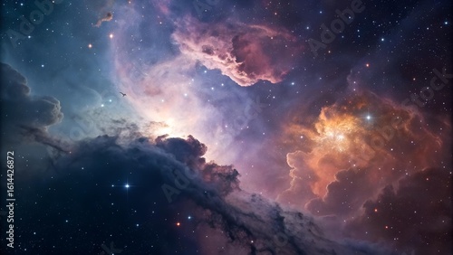 The image showcases a vibrant and detailed nebula filled with stars and colorful clouds, suggesting a distant and awe-inspiring celestial