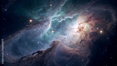 The image displays a vibrant and stunning nebula in space, showcasing brilliant hues of blues, purples, and creams, dotted with stars, creating a cosmic